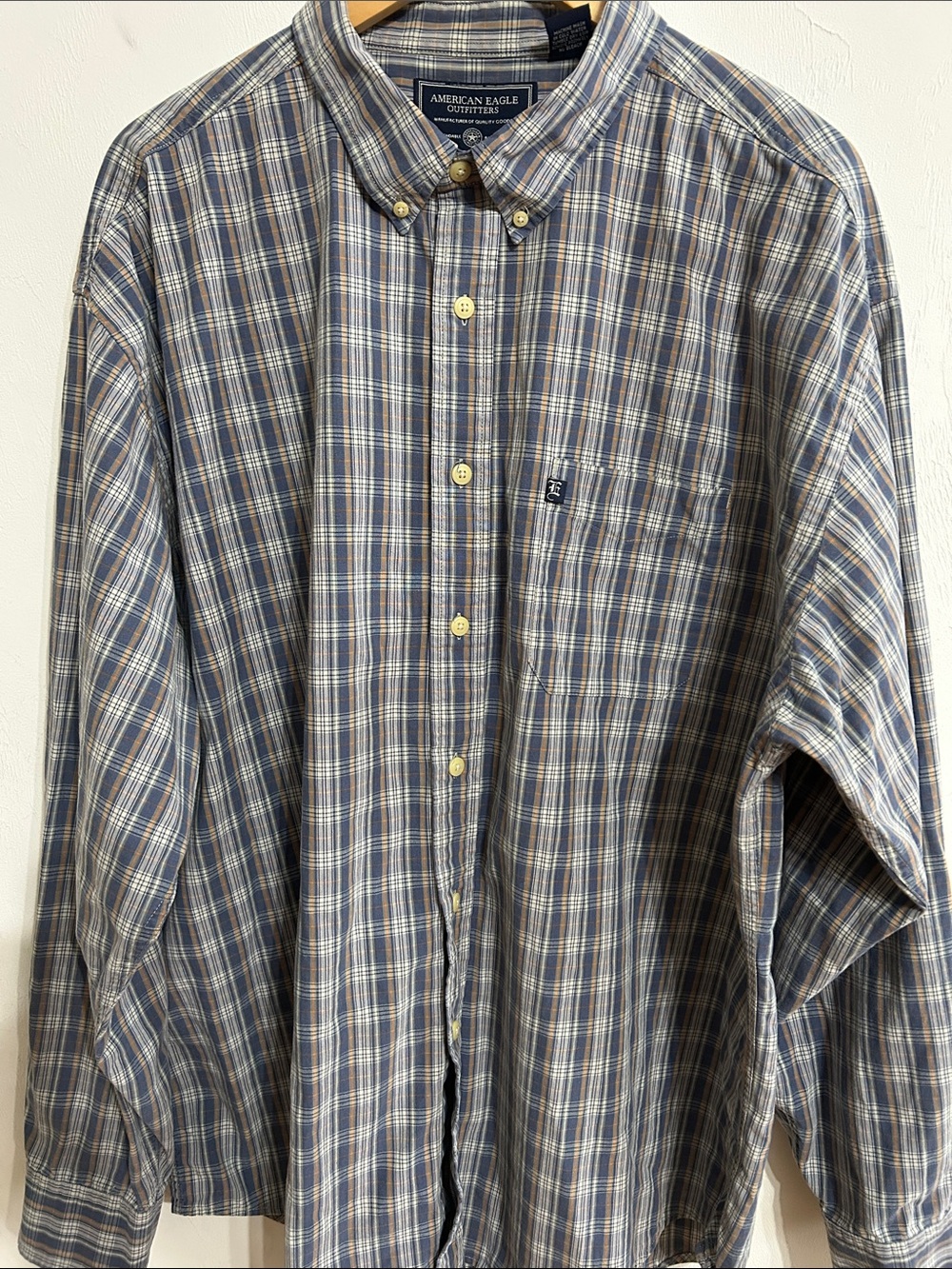 American Eagle Men’s Blue Orange and White Plaid Button-Down Shirt XXL